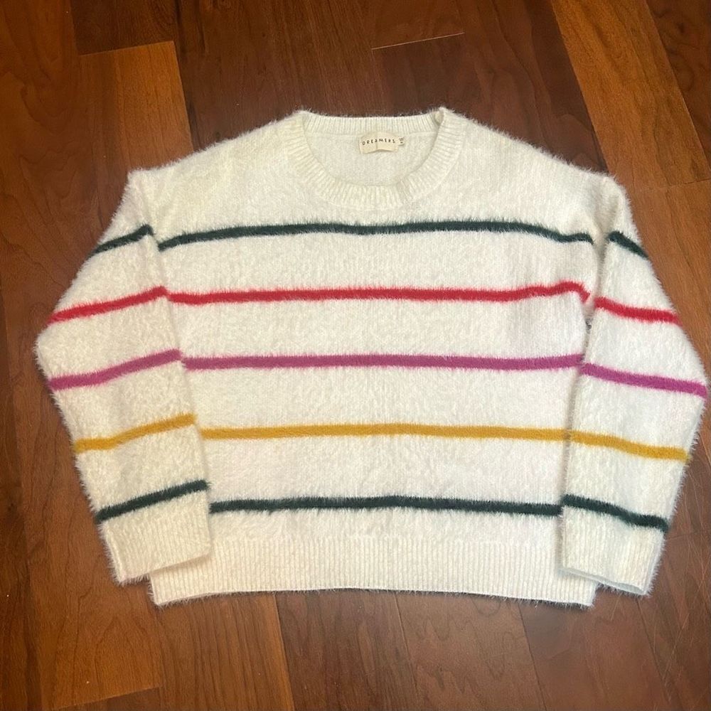Dreamers women’s fluffy white multi-colored striped‎ sweater size XL